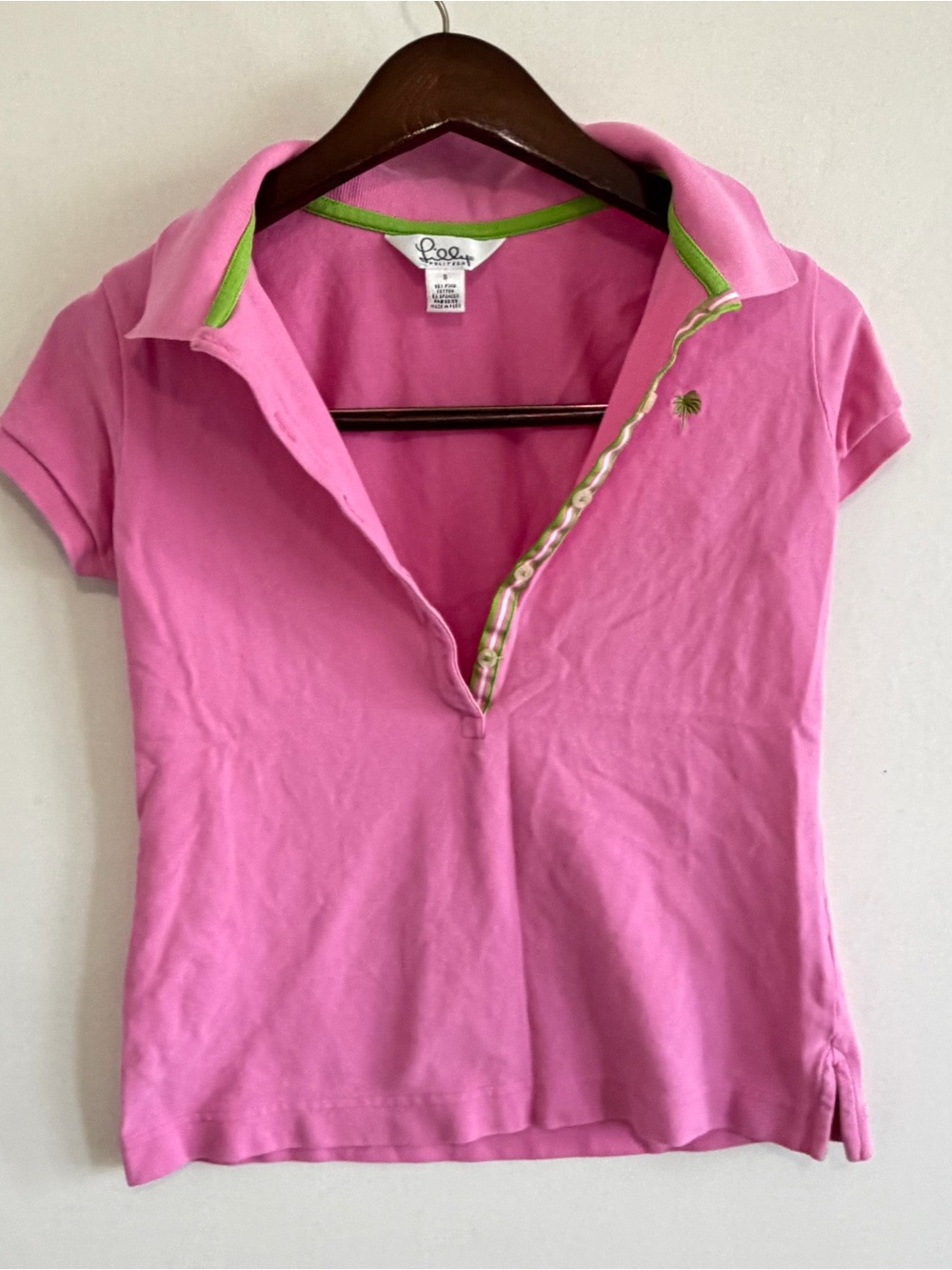 Vintage Y2K Lilly Pulitzer Pink Pima Cotton Polo Shirt Womens Small Palm Tree